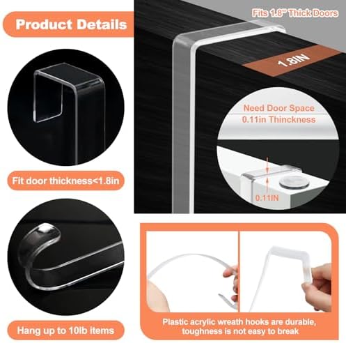 12" Clear Wreath Hangers for Front Door, 2 Pack Over Door Hooks Non-Scratch
