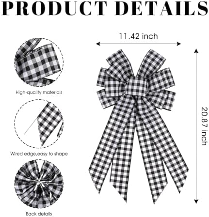 YKW Large Buffalo Plaid Bow with Wired Edge, 11x20 Inch Black White Farmhouse Wreath Bow Pre-Made Front Door Indoor Outdoor Year Round Decor