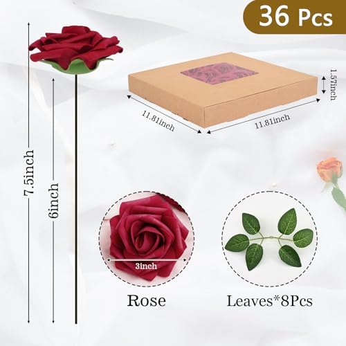 BLEUM CADE 36Pcs Artificial Flowers Fake Foam Roses with Stems for Wedding