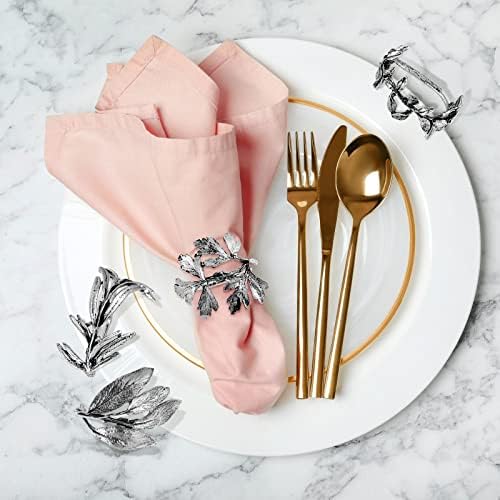 Cunhill 8 Pcs Herb Napkin Rings Set Vintage Leaf Napkin Holders, Silver