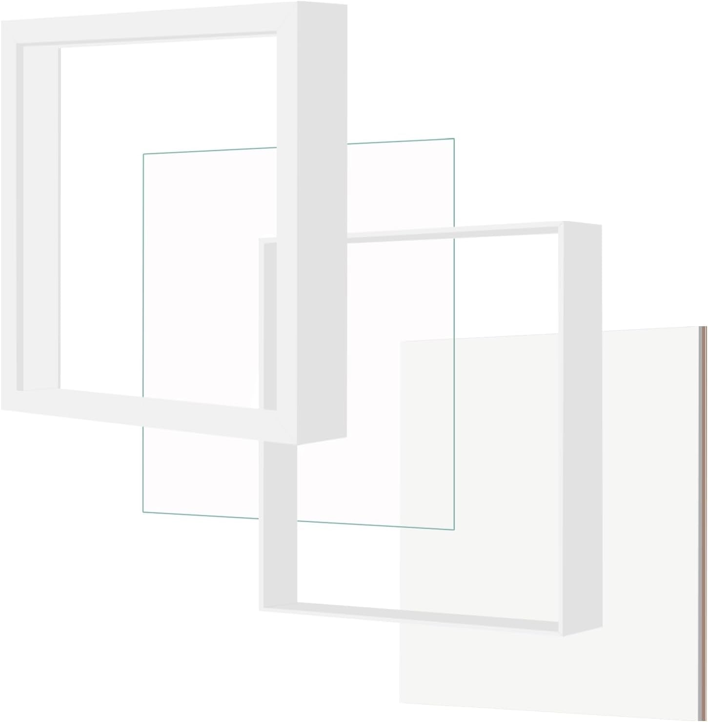 10x10 White Wooden Shadow Box Frame, 1.2" Deep, Tempered Glass | Black Backboard, Tabletop & Vertical/Horizontal Wall