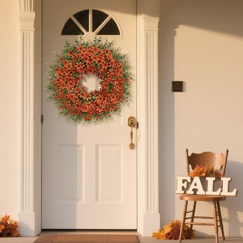 26" Large Artificial Eucalyptus Silk Flower Wreath for Outdoor(Fall Orange)