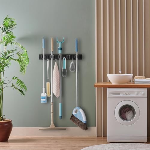 OUTNILI Mop and Broom Holder Wall Mount - Black Broom Mop Hanger - Wall Mounted Garden Tool Rack Organizer for Closet