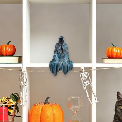 Gothic Home Decor, Resin Tabletop Gothic Sitting Figurine Shelf Sitter for Bookshelf and Desk, Grim Reaper Statue Ornament for Halloween Room Decor (Blue)