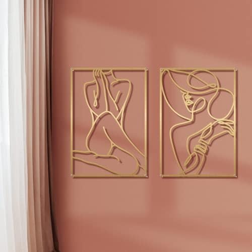 Glamativity Large 4 Pack Gold Wall Art, Minimalist Single Line Art, Real Metal Wall Art, Woman's Body Shape Abstract