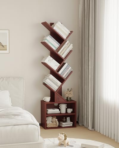 SUNMORY 6 Tier Tree Bookshelf, Tall Small Bookcase with Storage Cabinet