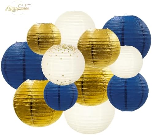 NICROLANDEE Party Decorations 12PCS Navy Blue Gold Hanging Paper Lanterns
