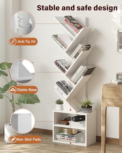 SUNMORY 6 Tier Tree Bookshelf, Tall Small Bookcase with Storage Cabinet