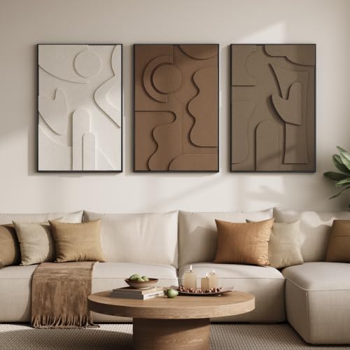 Large 3D Textured Framed Neutral Abstract Wall Art for Living Room, 3 Piece