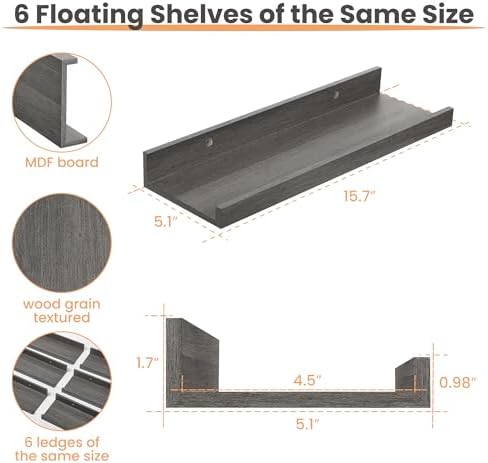 upsimples Floating Shelves for Wall Decor and Storage, Grey, 6Pcs 15.7''