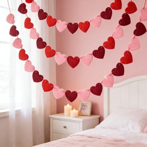 Valentines Day Decorations - Red Felt Heart Garland Hanging String - Ready-to-Use Romantic Valentines Day Decor for Home, Office, Wedding, Anniversary, Birthday Party - No DIY (Red)