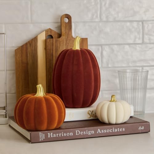 DN DECONATION Fall Pumpkin Decor, Artificial Flocked Pumpkin for Home Table