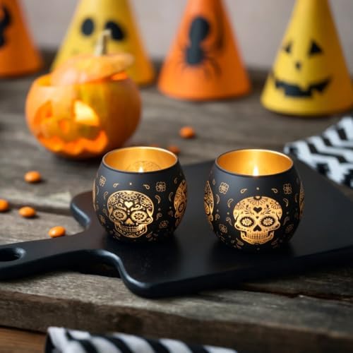 Day of Dead Skull Glass Votive Set, 6-Pack Black Halloween Candle Holder