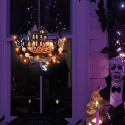 Pre-Lit Halloween Wreath for Front Door, Lighted Pumpkin with 6H On/18H Off
