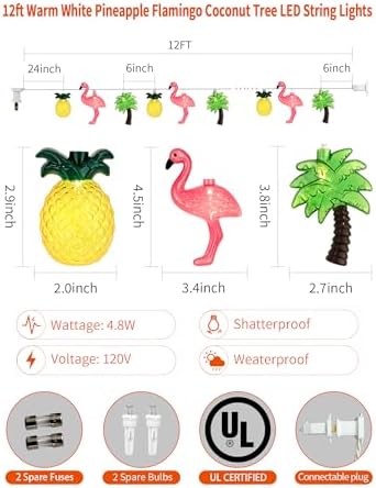 Upgraded 20 LED Tropical String Lights - Pineapple Flamingo Palm Tree Mixed