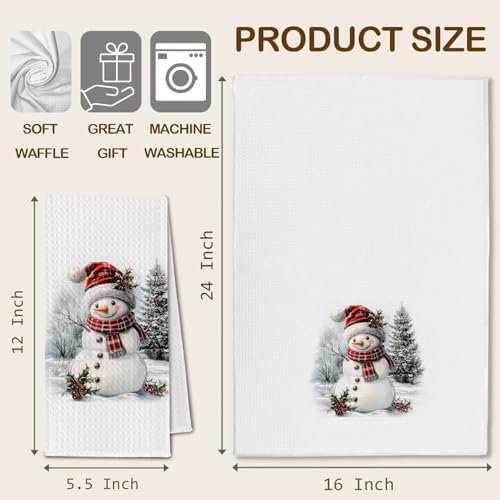 Red Plaid Christmas Snowman Kitchen Towels, Winter Christmas Dish Towels Drying Cloth for Kitchen, Retro Xmas Tree Santa Snowman Decorative Hand Towel for Bathroom, 16x24 Inch