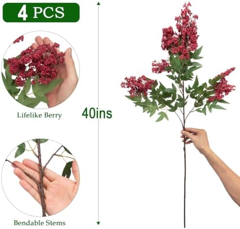 Daynight 4 Pcs Artificial Berry Stem for Vase, 40In Faux Nandina Branches Fall Floral Picks Fake Realistic Berry Spray for Wedding Autumn Farmhouse Home Decor(4, RED, 40Inch)