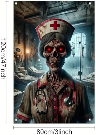 BlissYard Halloween Window Cover Hanging Banner Decor Zombie Nurse Scene 31x47 inch Creepy Bloody Hospital Horror Wall Decoration for Haunted House Door Display Party Prop Backdrop