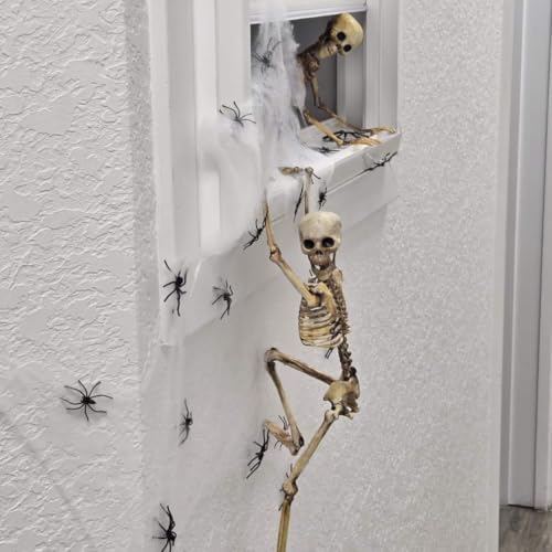 Halloween Skeleton Decorations Outdoor, 16" Plastic Posable Skeleton with Movable Joints, Small Creepy Scary Skeletons for Halloween Decor, Graveyard Haunted House Props