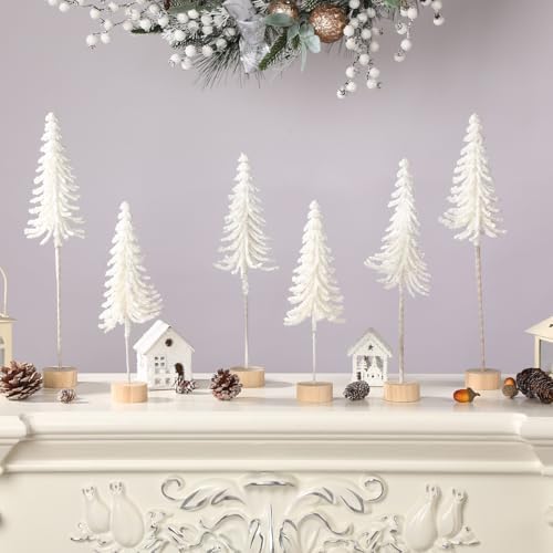 Jetec 6 Pcs Mini Christmas Tree Small Alpine Trees Tabletop Artificial Pine Christmas Tree with Wooden Base Snow Frost Village Bottle Brush Trees Holiday Season Decoration Centerpiece Displays(White)