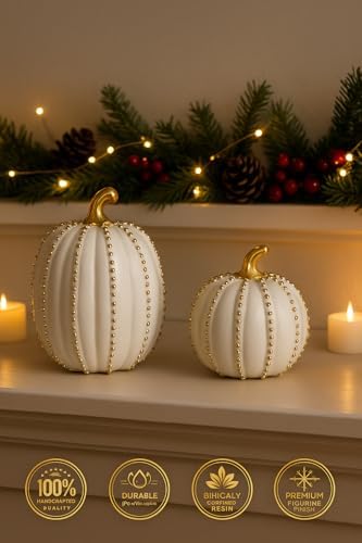 iStatue Set of 2 Decorative Pumpkins – Elegant Beaded Resin Fall Decorations, Thanksgiving Table Centerpiece, Autumn Home Decor, Glam Farmhouse Style (White)