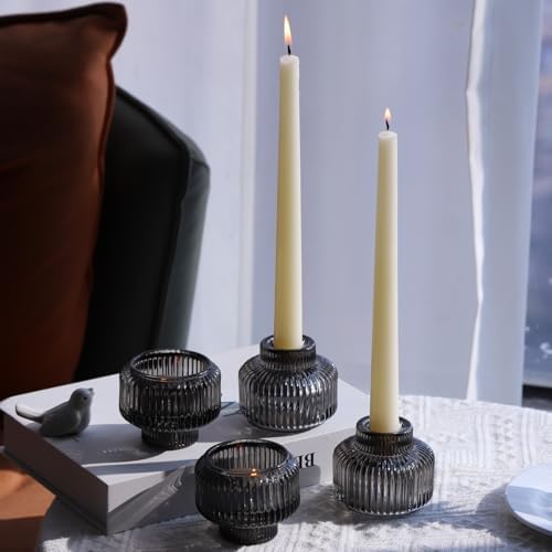 Woho Smoky Grey Candlestick Holders Set of 4 for Halloween/Daily Home Decor