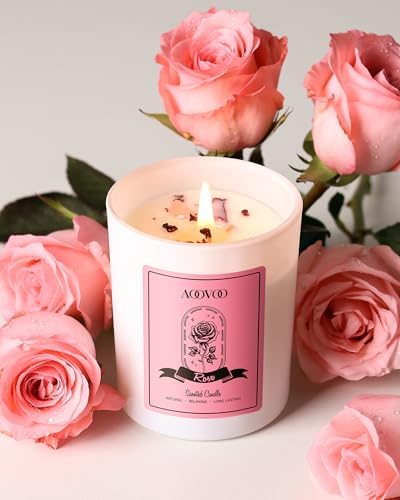 AOOVOO Rose Scented Candles for Women - Aromatherapy Candle with Crystals Inside, 7oz Soy Candles for Home Scented