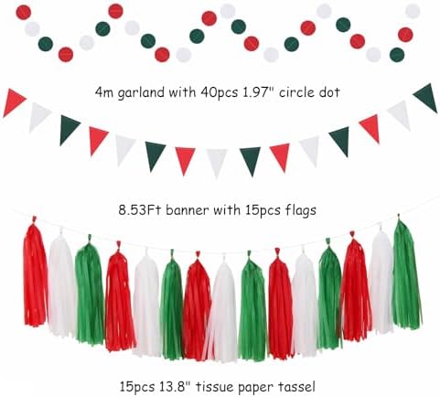 Red-Green White Christmas Party-Decorations - 33pcs Banner,Mexico Italy Streamers Tassel Garland,Tissue Pom Poms Honeycomb,Paper Lantern Fans,Mexican Italian Birthday Wedding Baby Shower Decor Hugtmr