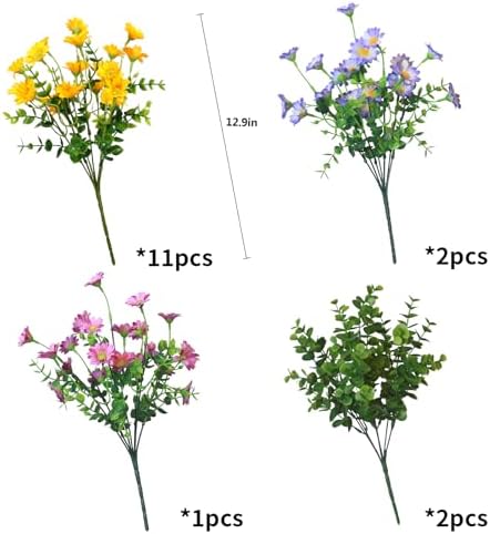 alyptus Artificial Mums for Outdoors 16 Bundles UV Resistant Plants Yellow Faux Sile Daisy Fake Plastic Eucalyptus for Fall Decor