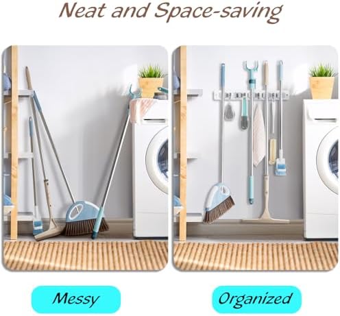 OUTNILI Mop and Broom Holder Wall Mount - White Broom Mop Hanger - Wall Mounted Garden Tool Rack Organizer for Closet