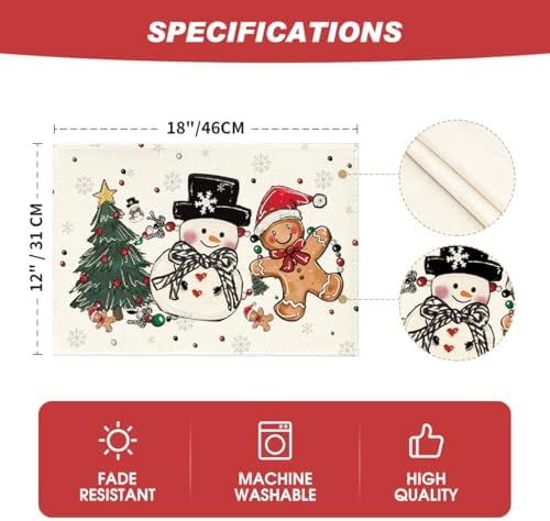 Artoid Mode Snowman Tree Gingerbread Gifts Merry Christmas Placemats Set of 4, 12x18 Inch Seasonal Winter Holiday Table Mats for Party Kitchen Dining Decoration