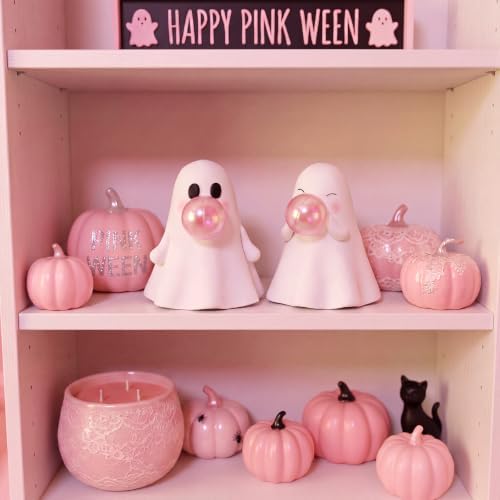 Set of 2 Halloween Ghost Figurines - Cute Ceramic Bubble Gum Ghost Statue