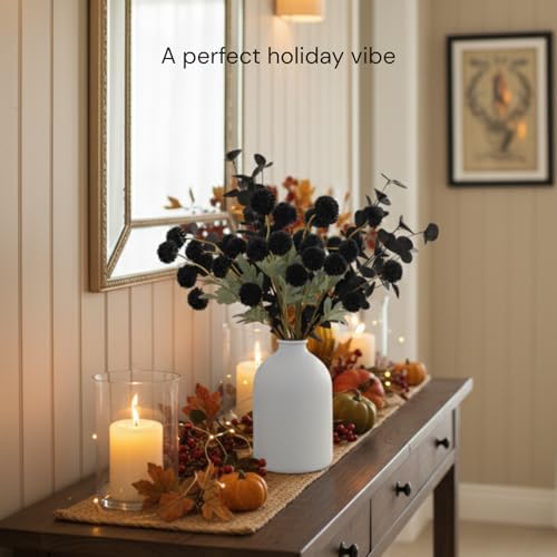 12 Black Artificial Flowers & Eucalyptus Long Stems, Halloween Decor