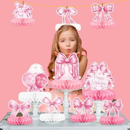 Pink Bow Birthday Decorations Set - Bow Party Decorations with Honeycomb Centerpieces & Table Centerpieces for Splendid Pink Bow Themed Party Supplies