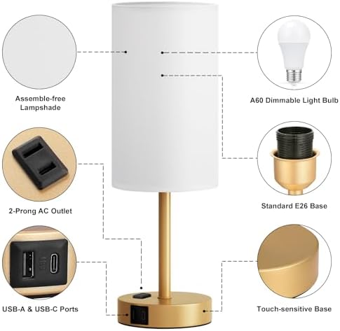 Fenmzee 17.4" Gold Lamp for Bedroom - Dimmable Touch, USB A+C, AC Outlet