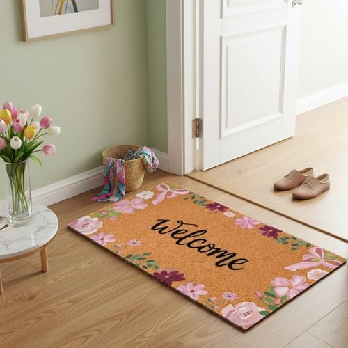 Pink Flower Welcome Door Mat Artificial Coir Doormat 16 x 30 in