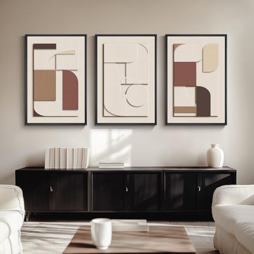 3D Textured Large Framed Neutral Abstract Wall Art for Living Room, 3 Piece