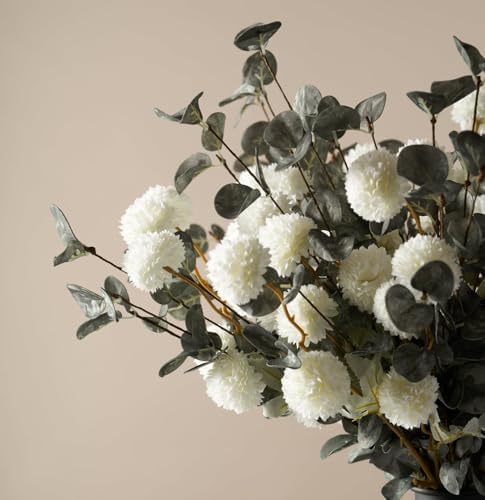 Laelfe 10 Kiku Artificial Flowers + 5 Large Eucalyptus Branches, Silk Fake White Flowers Pompon Mums (Ball Flower Stems) - Decor for Home, Centerpieces & Shower Arrangements(Vase not Included)