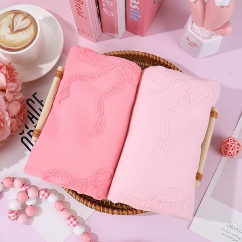 Whaline 3Pcs Pink Bow Hand Towel 3D Jacquard Cotton Towel Absorbent Coquette Dish Towels for Valentine's Day Home Kitchen Bathroom, 13.8 x 29.5 Inch