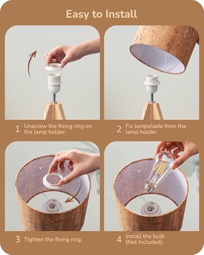 EDISHINE Small Table Lamp, Wood Tripod Nightstand Lamp, Bark Linen Shade