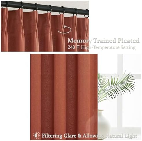 Rust Burnt Orange Fall Sheer Curtains 90 Inches Long for Bedroom 2 Panels Set, Pinch Pleated Flax Linen Light Filtering