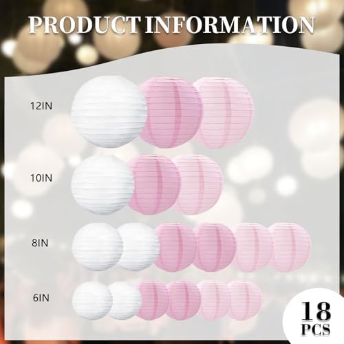 18Pcs Pink Light Pink White Paper Lanterns for Parties, 6” 8” 10” 12” Chinese Asian Hanging Round Paper Lanterns for Birthday Wedding Halloween Christmas Home Decor Party Decor