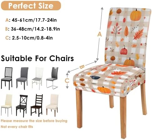 4 Pcs Fall Dining Chair Covers, Autumn Pumpkin Maple Leaves Buffalo Check Stretch Removable Washable Seat Slipcovers, Thanksgiving Kitchen Dining Room Hotel Decor
