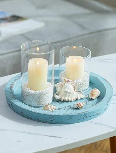 Hanobe Round Wood Candle Holder Tray, Ocean Blue Coastal Coffee Table Decor