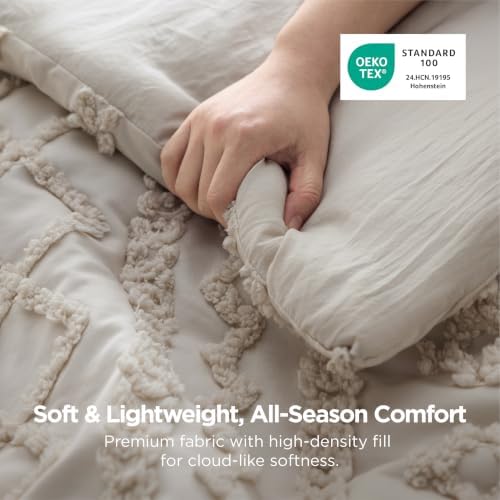 Bedsure Tufted Boho Comforter Set Queen Size - Linen Boho Bed Set, GentleSoft™ 3 Pieces Farmhouse-Style Embroidery