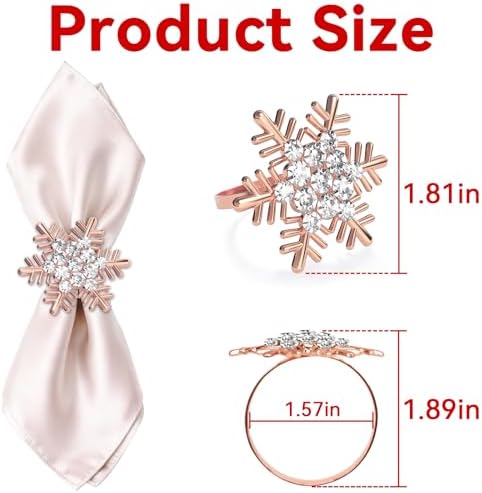 ZeeDix Christmas Snowflake Napkin Rings Set of 8- Rose Gold Rustic Dinner Tables Setting Decoration for Wedding Receptions, Christmas Holiday Party Dinner Parties