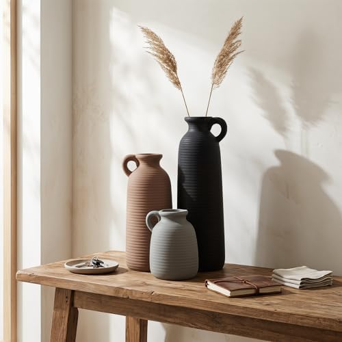 Set of 3 Matte Ceramic Vases with Handles, Textured Vases in Different Heights, Boho Farmhouse Decor for Dried Pampas