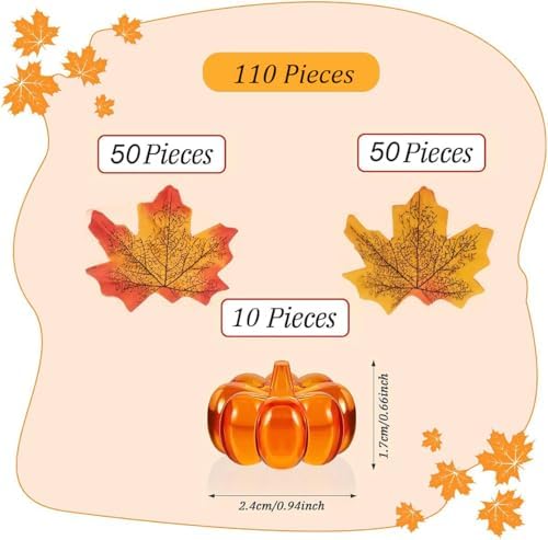 190PCS Thanksgiving Vases Fillers, Orange Red Beads Faux Pumpkin Maple Leaf Table Party Festive Decoration(Pumpkin Maple Leaf Set)