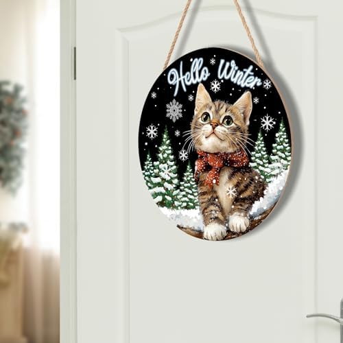 Hello Winter Cat Front Door Sign Winter Kitty Kitten Pine Tree Round Wood Sign 12x12in Winter Decorations Cat door hanger Christmas Winter Wreath Wall Hanging Welcome Sign for Outdoor Outside Porch