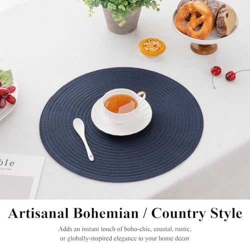SHACOS Round Placemats Set of 6 Washable 15 inch Circle Polyester Woven Braided Place Mats for Dining Table Indoor Outdoor Table Mats Home Party Wedding Decor (Navy, 6)